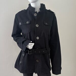 Vintage Deadstock Y2K Tripp NYC Black Hooded Belted Utility Jacket Multi Pocket